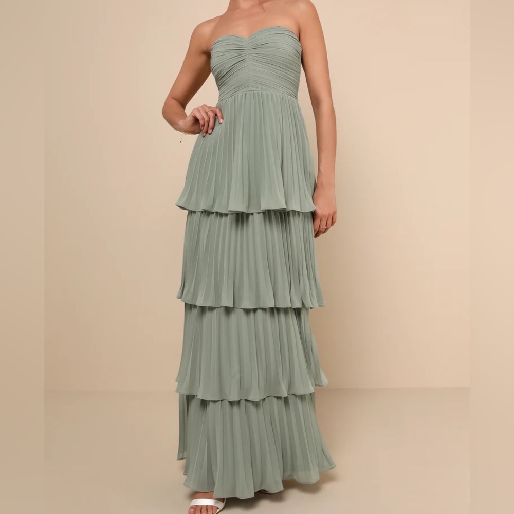 Seriously Sensational Sage Brush Strapless Tiered Maxi Dress